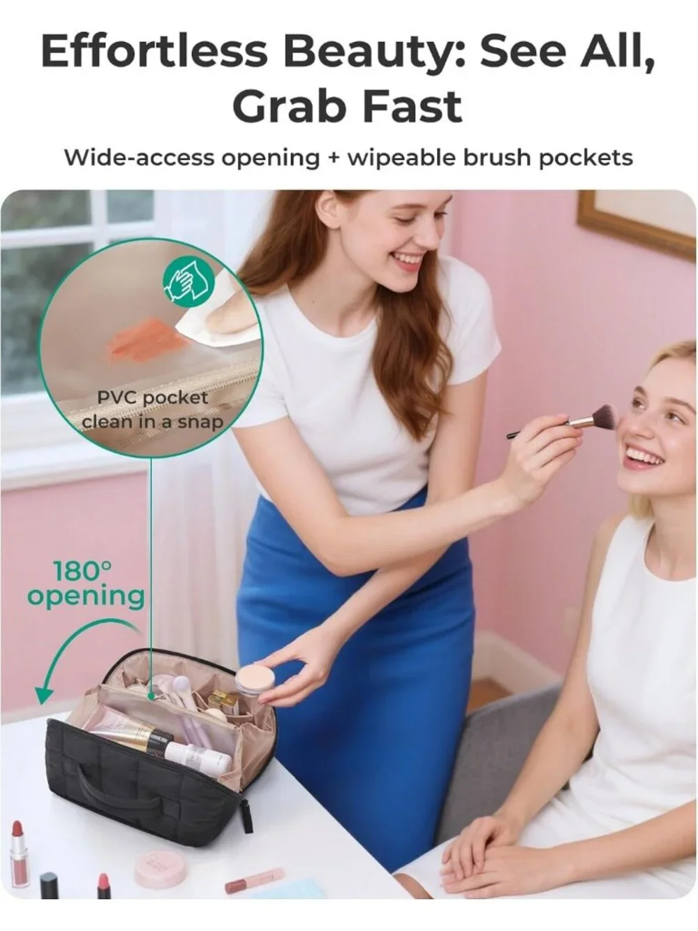 Portable Water-Resistant Makeup Bag, Padded Organizer Pouch, Flat Toiletry Case